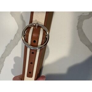 Ann Taylor Canvas Leather Trim Striped Belt Women Size L Gold‎ Tone Buckle
